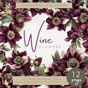 Clipart di fiori di vino, arte floreale scura, illustrazioni botaniche della Borgogna, grafica floreale vintage, fiori ad acquerello, clipart gotico-boho