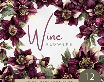 Wein Blumen Clipart, Dunkel Blumenkunst, Burgund Botanische Illustrationen, Vintage Blumengrafiken, Aquarell Blumen, Gothic Boho Clipart
