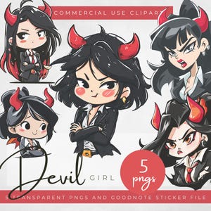 May include: Digital clipart set featuring five illustrations of devil girls. Each character has black hair, red horns, and is wearing a business suit. The text "Devil Girl" and "5 pngs" are also included in the image.