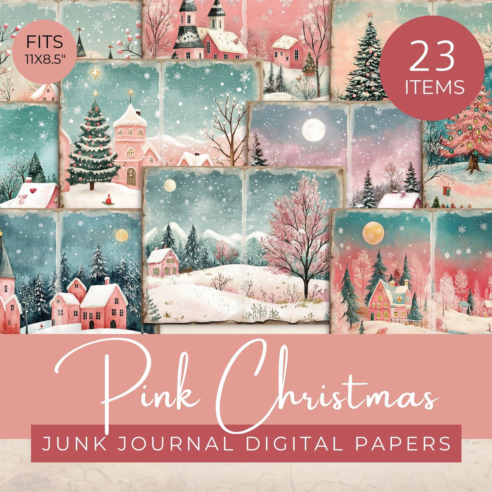 Pink Christmas Junk Journal Papers, Festive Pink Holiday Digital Paper ...