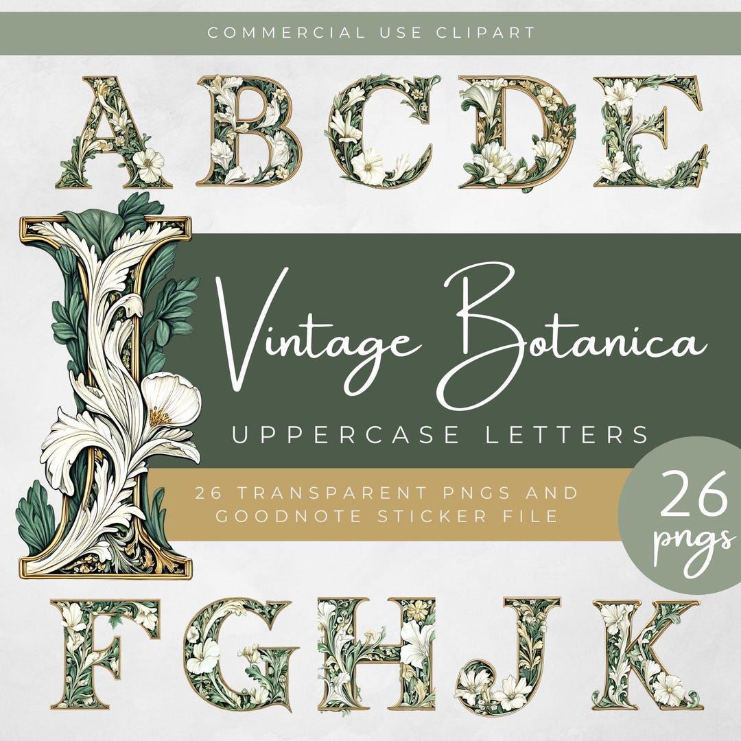 Vintage Botanical Uppercase Letters Clipart, Floral Monogram Alphabet ...