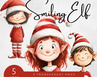 Clipart de elfo sonriente navideño, lindos elfos de acuarela PNG, clip art navideño, ilustraciones del ayudante de Papá Noel, pegatinas navideñas de Goodnotes