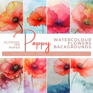 Watercolor Poppy Floral Background Digital Papers, Elegant Red Poppy Backgrounds, Poppy Flower Scrapbook Paper, Red Poppy Patterns