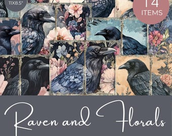 Raaf en bloemen ongewenste dagboekpapieren, gotische bloemen ephemera printables, vintage raven plakboekpagina's, donkere academische wereld afdrukbare papieren