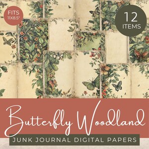 Papiers de journal indésirable Woodland papillon, papier imprimable Nature vintage, kit de scrapbooking botanique, papier numérique shabby chic, bordures de feuilles