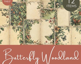 Butterfly Woodland Junk Journal Papers, Vintage Nature Printable Paper, Botanical Scrapbook Kit, Shabby Chic Digital Paper, Leaves Borders