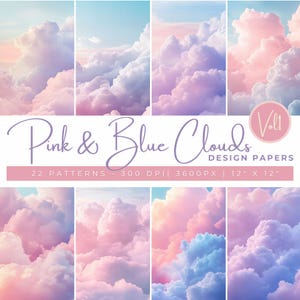 Papeles digitales de nubes rosas y azules, fondos de nubes en tonos pastel suaves, texturas románticas de nubes rosas, papel de nubes en acuarela, papel para baby shower
