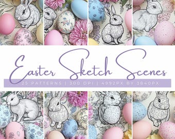 Easter Sketch Scenes Backgrounds Digital Papers, Colourful Easter Egg Backgrounds, Easter Florals, Bunny Sketch Scrapbooking, Rabbit Drawing