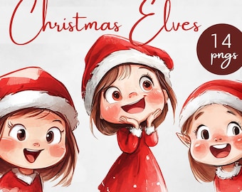 Mini Red Christmas Girl Elves Clipart, Festive Holiday Elf Illustrations, Red Christmas Elf Graphics, Christmas Scrapbooking Stickers
