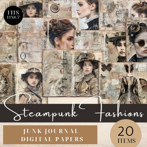 Steampunk Fashions Junk Journal Digital Paper Kit, Steampunk Journal Pages, Sewing Printable scrapbooking pages, Vintage Art Journal Papers