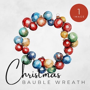 May include: A Christmas wreath made of colorful baubles in red, green, blue, gold, and yellow. The wreath is on a white background with the text "Christmas Bauble Wreath" below it.