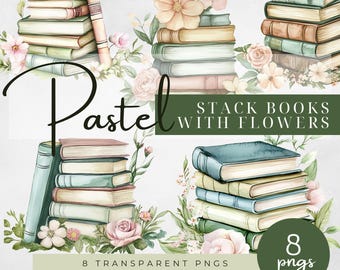 Pastel Stack Books with Flowers clipart, Soft Watercolor Book and Floral Illustrations, Books With Flowers Clip Art, Floral Book Stack Art