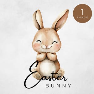 Op de afbeelding: Een aquarel-illustratie van een bruin konijn met gesloten ogen en een glimlach. Het konijn zit met zijn pootjes tegen elkaar aan. De tekst "Easter Bunny" staat onder het konijn.