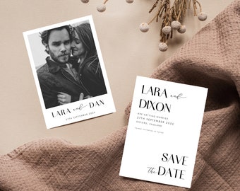 Wedding Stationery: Minimalist Monochrome Modern Save the Date Wedding Announcement Editable Template Cards with Polaroid Style Photo