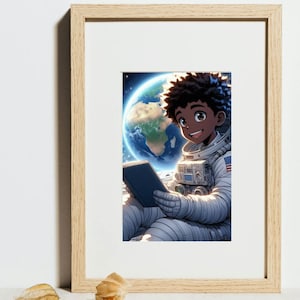 4 x Galactic Dreamers Reading Astronaut on the Moon Set C | DIGITAL DOWNLOAD | Black Kids Space Wall Art, African American Prints |BHM Decor