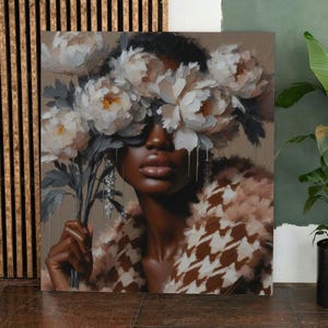 May include: A painting of a person with dark skin wearing a brown and white patterned coat. The person's face is partially obscured by a bouquet of white flowers.