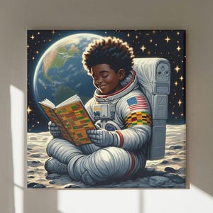 4 x Galactic Dreamers Reading Astronaut on the Moon Set A| Black Art | African American |  Wall Art | Kwanzaa Gift | Kids Room | Space. BHM