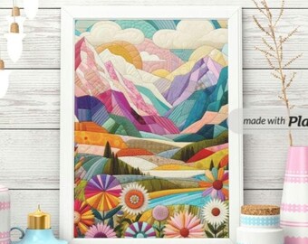 Impresión de Mountain Bloom. Obra abstracta de montaña, descarga digital, arte mural colorido, arte con IA, impresión para sala de estar, decoración de pared moderna, arte paisajístico.