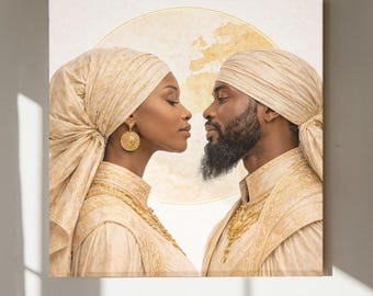 May include: A canvas print featuring a couple in profile, facing each other. They are adorned in matching gold-toned head wraps and clothing. The background includes a light beige circle with a world map design.