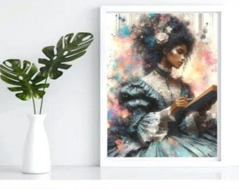 2 x Zeitlose Anmut Set | DIGITALER DOWNLOAD | Vintage weibliches Porträt Lesebuch, viktorianische Malerei, schwarze Frau druckbare Kunst | Wandkunst