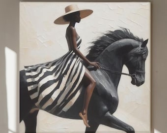 May include: A black and white striped dress with a wide brimmed straw hat, worn by a person riding a black horse. The horse is in mid-stride, with its head turned to the side.