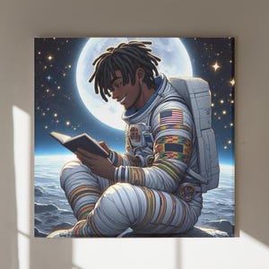 5 x Galactic Dreamers Reading Astronaut on the Moon Set D| Black Art | African American |  Wall Art | Kwanzaa Gift | Boys Room | Space. BHM