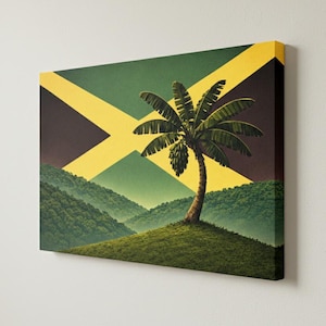 May include: A canvas print featuring the Jamaican flag with a palm tree on a grassy hill. The flag's yellow, green, and black colors are prominent, with a landscape of green hills in the background. The palm tree has green fronds and a brown trunk.