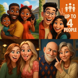 Custom Pixar Style Family Portrait from Photo – Personalised Cartoon Digital Art for Couples, Friends & Pets–1–4 Characters|DIGITAL DOWNLOAD