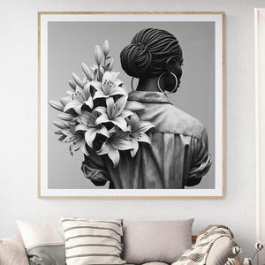 The Floral Gift, Flower Art, Digital Download, Black Woman Portrait, AI Art, Printable Wall Art, Modern Wall Decor