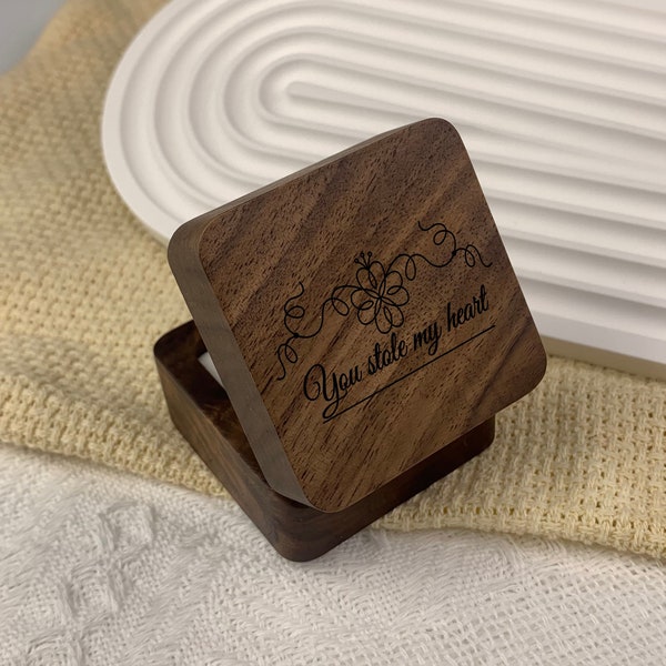 Personalized Engraved Engagement Ring Box, Square Ring Bearer, Custom Wooden Wedding Ceremony Ring Box, Anniversary,Proposal Ring Box Holder