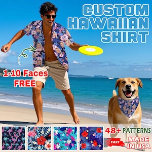Op de afbeelding: Een man draagt een custom Hawaïaans overhemd met meerdere gezichten erop gedrukt. Hij houdt een frisbee vast en staat op een strand. Een hond met een bijpassende bandana is ook op de foto te zien. De tekst "Custom Hawaiian Shirt" staat bovenaan de foto. De tekst "1-10 Faces Free" staat linksonder op de foto. De tekst "48+ Patterns" staat rechtsonder op de foto.