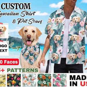 T-shirt met gepersonaliseerd tropisch patroon van honden- en kattengezichten voor de feestdagen, Hawaïaans shirt met huisdierportret, overhemd met knoopsluiting, zomercadeaus