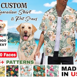 May include: A custom Hawaiian shirt and matching pet scarf with a tropical print featuring multiple dog faces. The text "CUSTOM Hawaiian Shirt & Pet Scarf" is at the top of the image. The text "LOGO/TEXT" is in a box below the shirt. The text "1-10 Faces" is below the box. The text "48+ PATTERNS" is below the faces. The text "MADE IN USA" is at the bottom of the image.