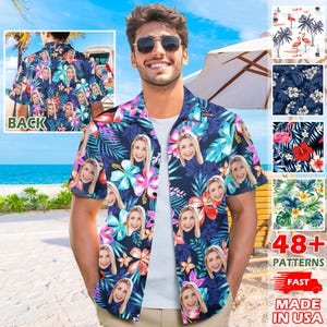 May include: A short-sleeved Hawaiian shirt featuring a dark blue floral pattern with pink, blue, and white flowers, and faces. The shirt is open, revealing a white undershirt. The image also shows a variety of patterns and the text "48+ PATTERNS", "FAST", and "MADE IN USA".