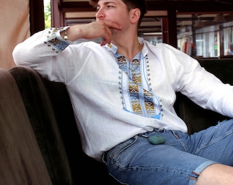 Modern embroidered vyshyvanka shirt, white linen shirt for men, natural linen, long sleeve, authentic embroider