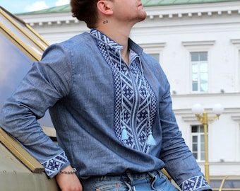 Men's linen shirt, embroidered shirt, Ukrainian men's embroidered shirt, blue linen color styled under jeans, ethnic clothing