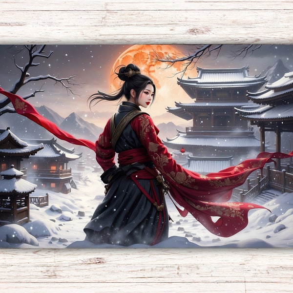 Beautiful Asian Samurai Snowy Landscape Traditional Buildings Red Digital Download