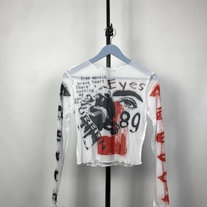 STYLE Retro Rare Avant Garde Gothic Print Save The Queen Jean Paul Gaultier JPG Style Mesh Blouses Y2K Wmns S Size