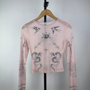 STYLE Retro Rare Avant Garde Gothic Print Save The Queen Jean Paul Gaultier JPG Style Mesh Blouses Y2K Wmns S Size