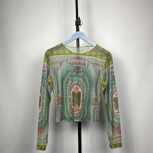 STYLE Retro Rare Avant Garde Gothic Print Save The Queen Jean Paul Gaultier JPG Style Mesh Blouses Y2K Wmns S Size