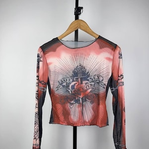 STYLE Retro Rare Avant Garde Gothic Print Save The Queen Jean Paul Gaultier JPG Style Mesh Blouses Y2K Wmns S Size