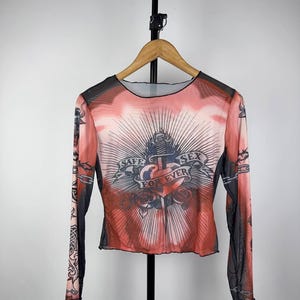 STYLE Retro Rare Avant Garde Gothic Print Save The Queen Jean Paul Gaultier JPG Style Mesh Blouses Y2K Wmns M Size