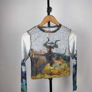 STYLE Retro Rare Avant Garde Gothic Print Save The Queen Jean Paul Gaultier JPG Style Mesh Blouses Y2K