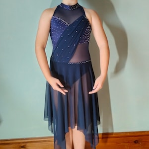 Elegant Navy Blue Lyrical Dance Costume with Rhinestones