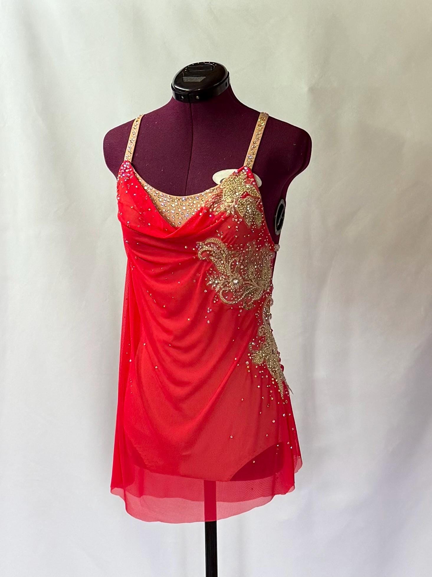 Red Gold Lyrical Contemporary Dance Costume Dress Girls Competition Dancewear (11-13 yrs)