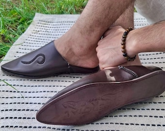 Babouche, Moroccan Slipper, Brown Babouche for Men, Comfortable Babouche Slipper, Brown Leather Babouche, Moroccan Shoe for Men