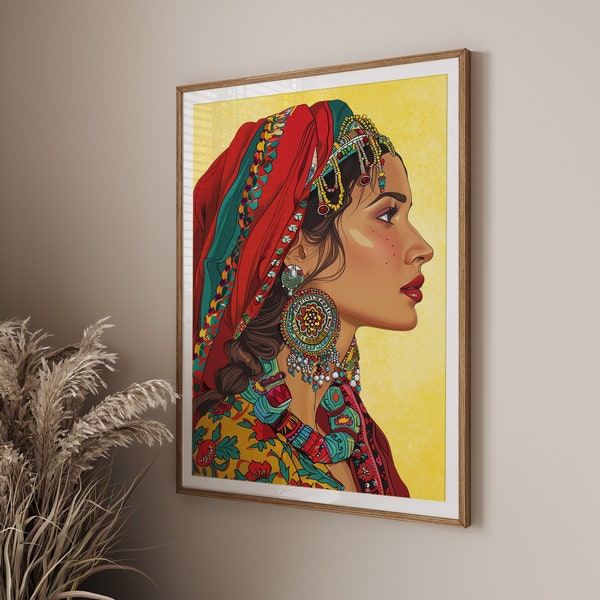 Amazigh, Affiche Art Amazigh, Décoration Murale Jaune, Illustration Femme Amazigh, Poster Voyage Amazigh, Art Mural Berber, Poster Femme