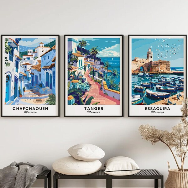 3 Illustrations Ville du Maroc, Lot 3 Impressions Murale Maroc, 3 Affiches Villes du Maroc, Poster Paysage Maroc, Illustration Voyage Maroc