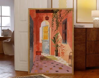 Morocco Poster, Moroccan Wall Art, Vintage House Poster, Minimalist Riad Illustration, Terracotta Art Poster, Minimalist Morocco Poster.