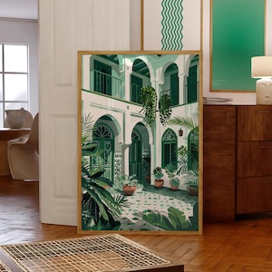 Morocco Poster, Vintage Riad Poster, Moroccan Wall Art, Green Wall Art Print, Minimalist Green Riad Illustration, Morocco Travel Poster